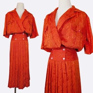 80s Orange Midi Dress Drop Waist Peplum Doubled Breasted Collar V-Neck